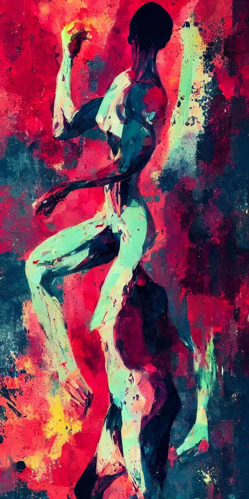 Image similar to closeup, very few thick long paint brush strokes, abstract depiction of the physique of one!!! very thin athletic man posing dramatically, closeup, matte colors, conrad roset, dark abstract background, abstract painting trending on artstation