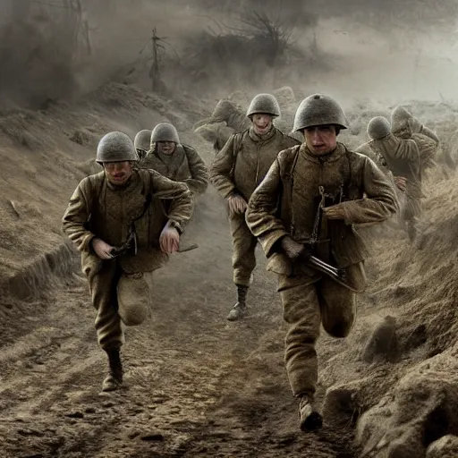 Image similar to highly detailed ultra realistic world war 1 soldiers running through destroyed landscape, HR Giger, muted colors. 4k