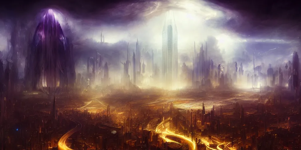 Prompt: vision of a future city, by Rolf Armstrong and Evelyn De Morgan and Bastien Lecouffe-Deharme, dramatic lighting, high contrast colors, baroque, empyrean, panoramic view, as trending on Artstation, highly detailed, doom engine,