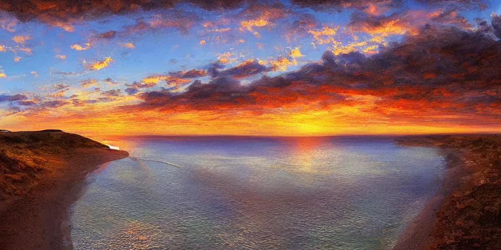 Image similar to People in beach, beach is between the two valleys, by Salvador Dali and Bob Ross collaboration, sun set, digital art, high details, drone wide shot