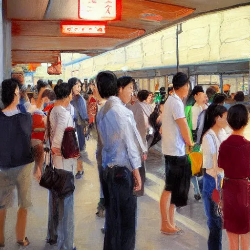 Image similar to crowd of japaneses in public phones, artwork by steve henderson