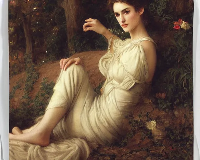 Prompt: portrait en buste of winona ryder reclining kiera knightley reclining by Hughes Merle, by Pierre Auguste Cot, perfect detailed eyes, realistic fabric, abundant detail