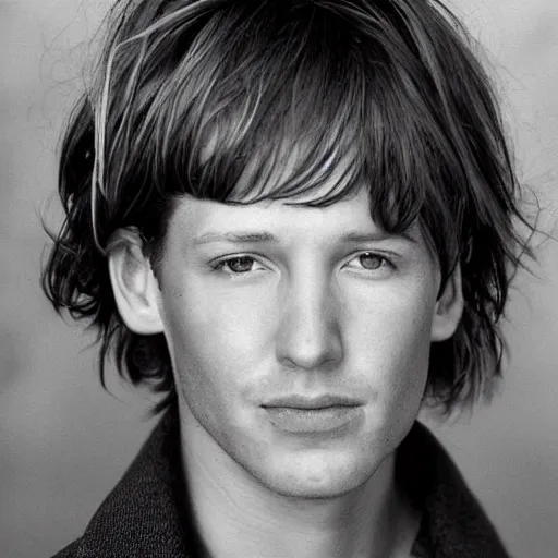 Image similar to portrait of kelly reilly as a young man!!! bare ears, short hair and hazel!!! eyes