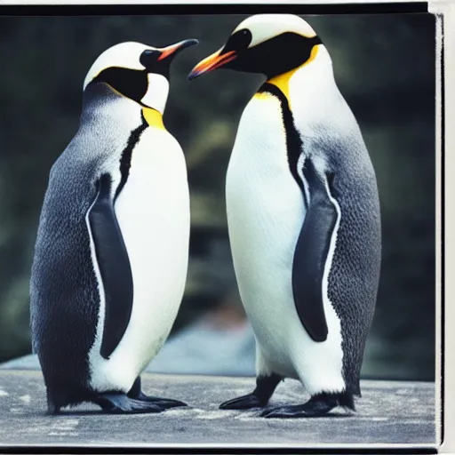 Prompt: penguins in copenhagen, polaroid photograph 1 9 8 0 s