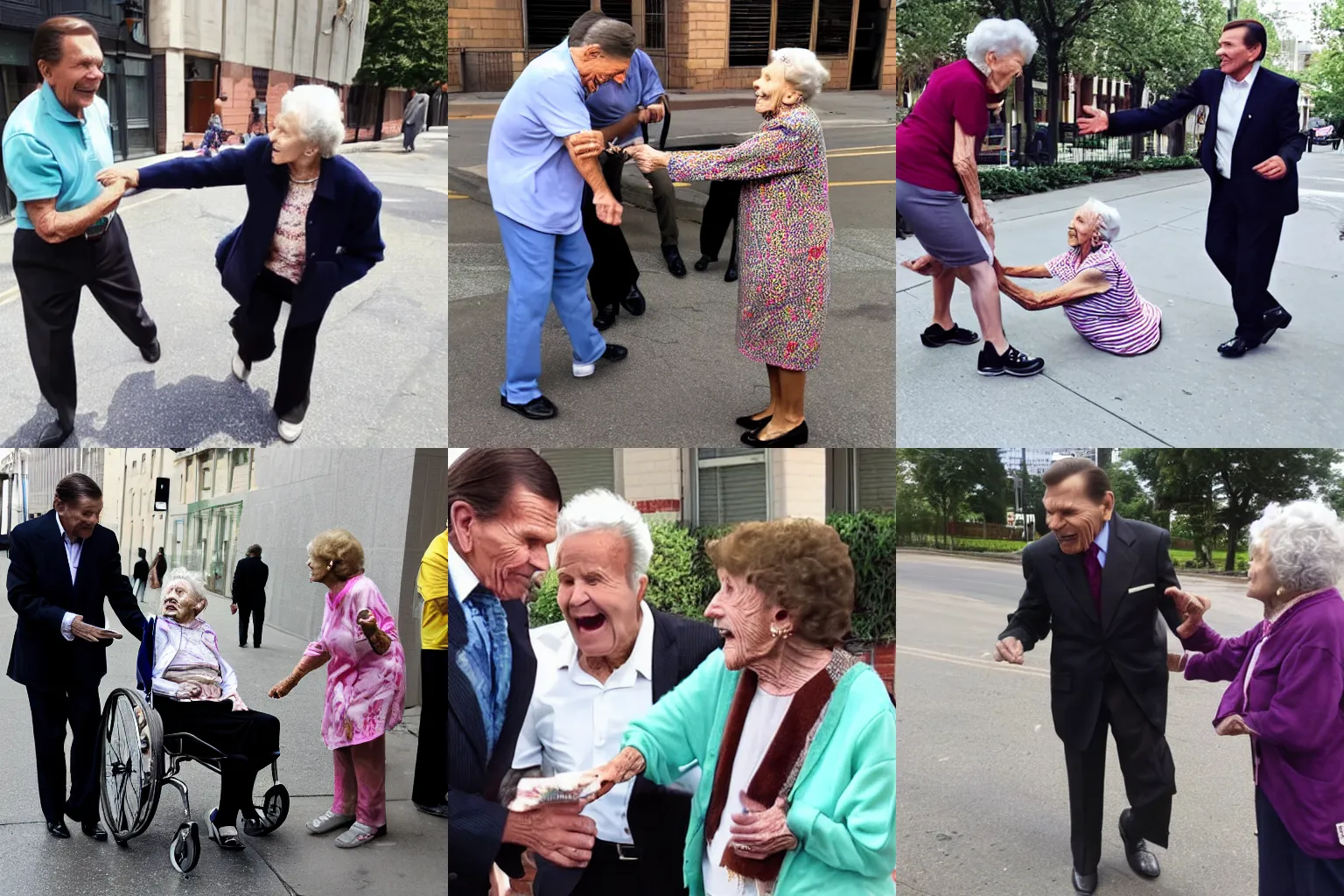 Prompt: kenneth copeland tripping an elderly lady in the streets