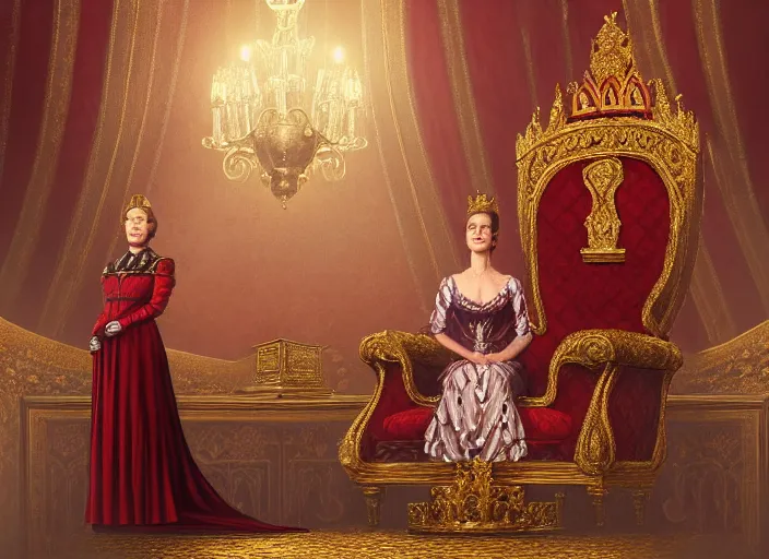 Image similar to a victorian agebthrone romm with emily blunt as queen on the throne, jewelry, greek, ruby, victorian age, 1 8 9 0, intricate, headshot, key visual, conceptart, ambient lighting, highly detailed, digital painting, artstation, concept art, sharp focus, by makoto shinkai and akihiko yoshida and greg manchess