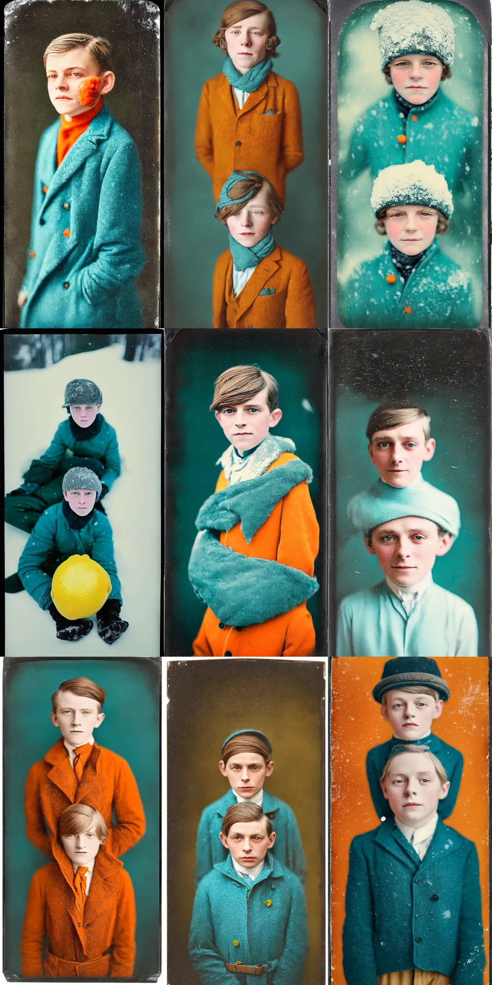 Prompt: kodak portra 4 0 0, wetplate, 8 k, shot of a highly detailed, britt marling style, colour still - life portrait of a lemon looks like a handsome 8 year old boy in the snow, 1 9 2 0 s cloth, 1 9 2 0 s hair, teal and orange, muted coloures