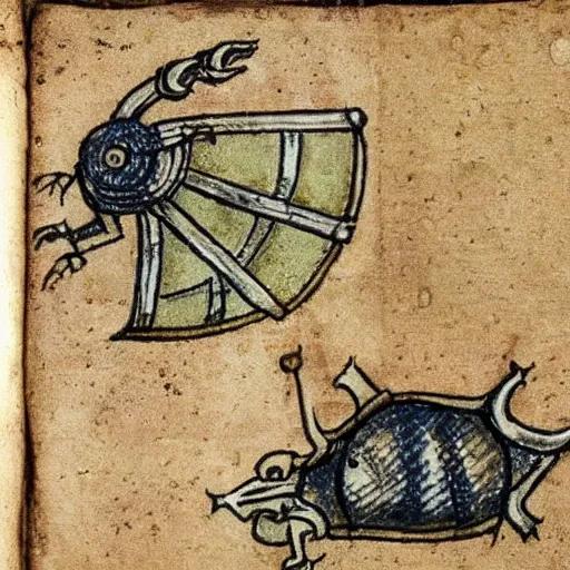 Prompt: medieval armored war snail manuscript miniature