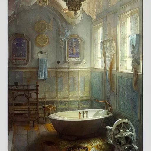 Image similar to a beautifull intricate watercolour painting of a bathroom, reflexions, verry high details by william turner art, greg rutkowski and alphonse mucha, trending on artstation, very very detailed, masterpiece, muted colors