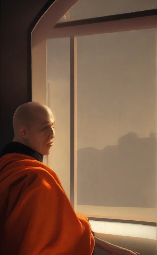 Prompt: portrait of a blind monk in a spaceship, looking out the window, orange robe, dramatic lighting, artstation, matte painting, johannes vermeer