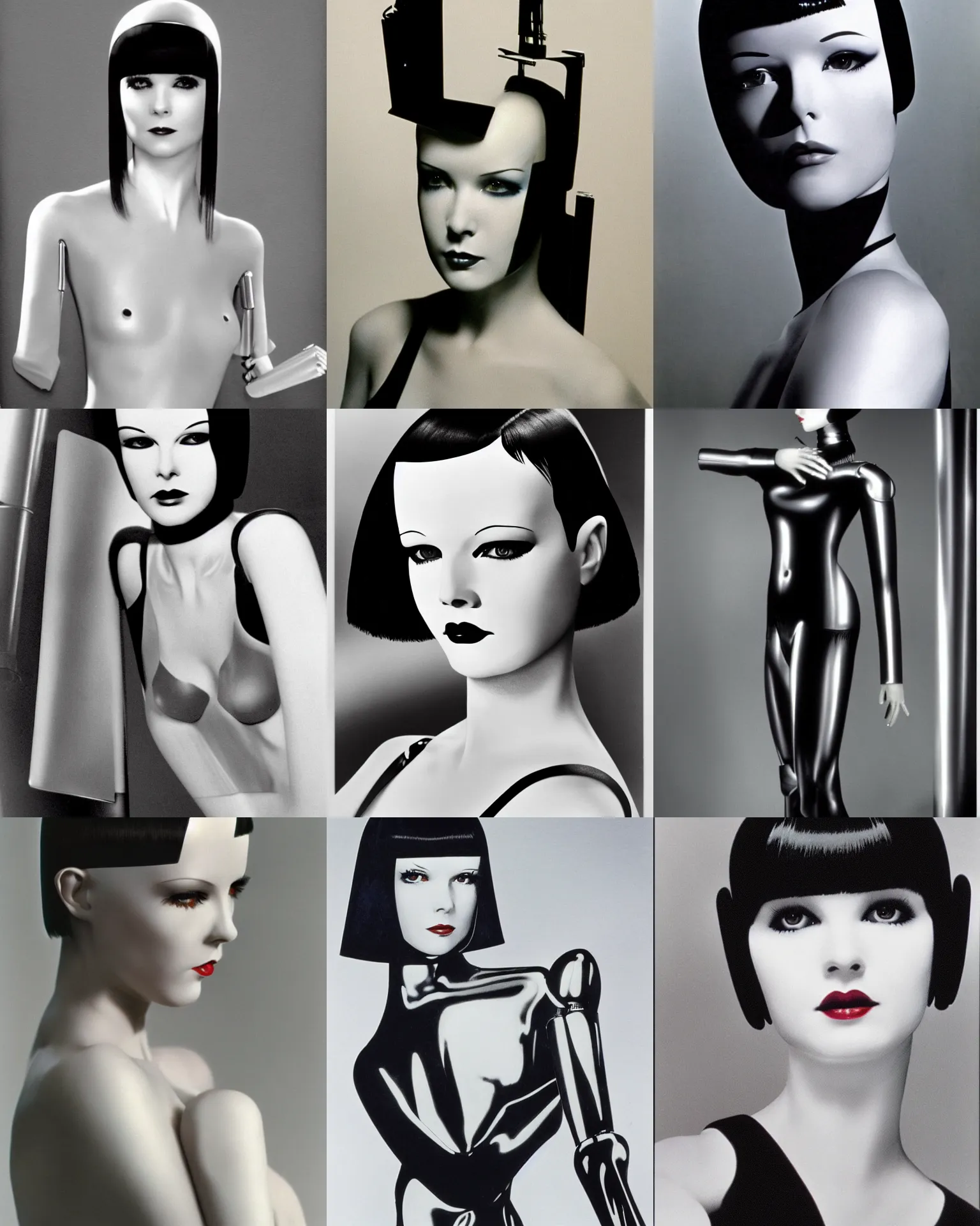 Prompt: mary louise brooks is half robot, robotic, chrome skin, 1 9 8 0 s airbrush, clean lines, futuristic, blade runner, complex line data