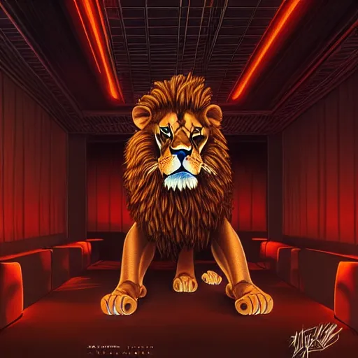 Image similar to a lion inside a night club, hyperdetailed, in the style of artgerm, deviantart, figurative art, deviantart, ilya kuvshinov, lovecraftian
