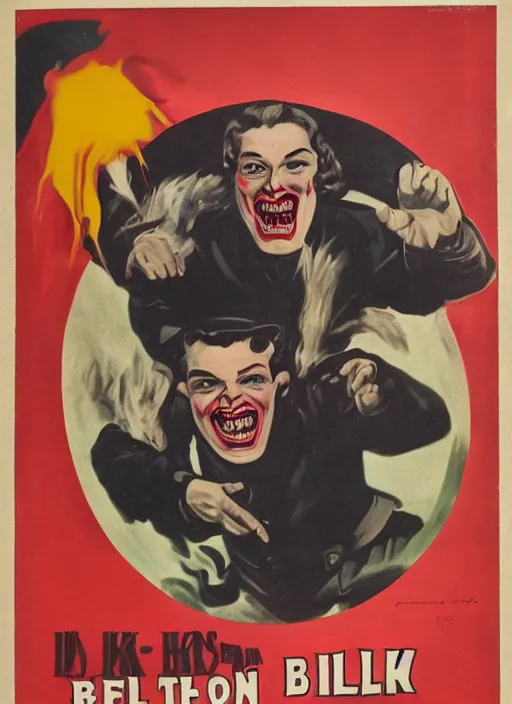 Prompt: creepy Nikolai Belinski with a scary comically large smile, 1940s scare tactic propaganda art