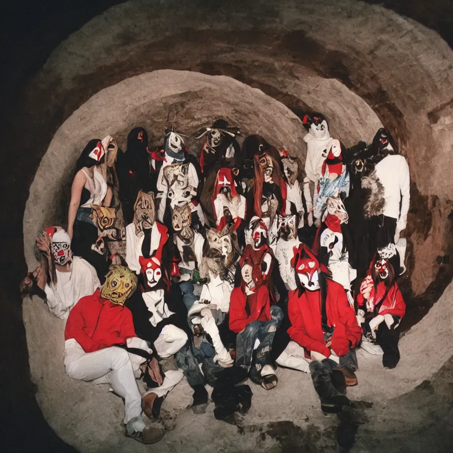 Prompt: cult members with taxidermic moth masks and red peak hood in a spiral tunnel, cinestill 8 0 0 t 3 5 mm, heavy grain, high quality, high detail