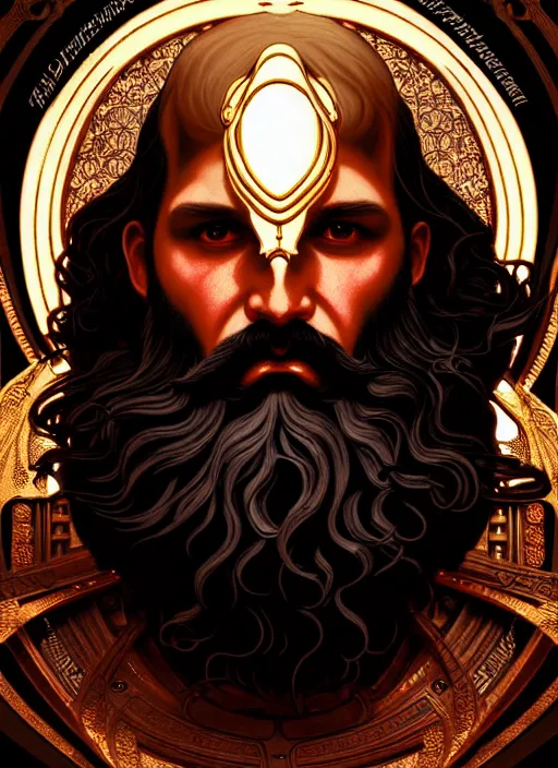 Image similar to furious god zeus, wavy black hair, bushy beard, glowing eyes, volumetric lights, red and gold scheme, art nouveau botanicals, gothic, intricate, highly detailed, digital painting, artstation, concept art, smooth, sharp focus, symmetric face, illustration, steampunk, art by artgerm and greg rutkowski and alphonse mucha