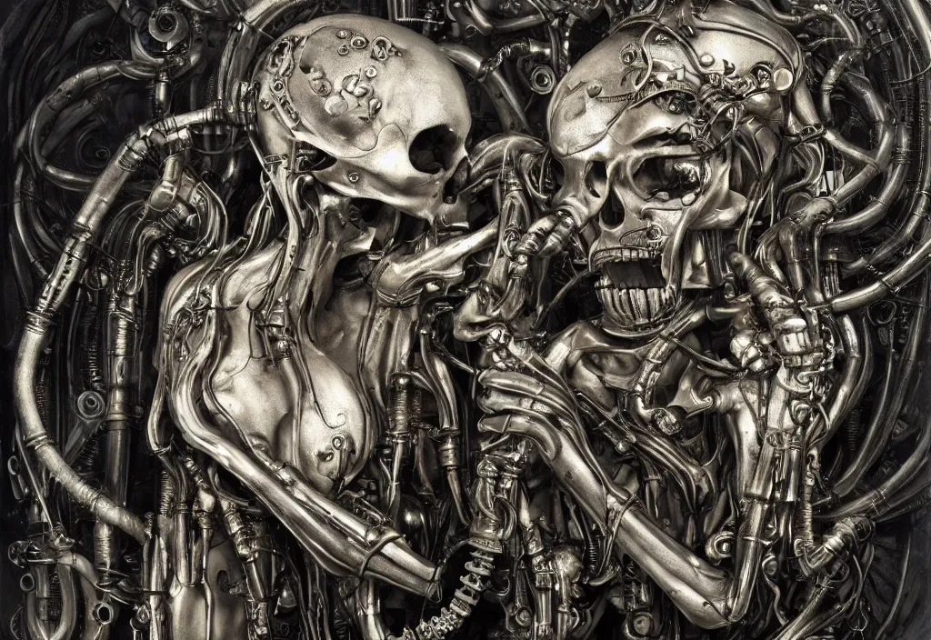 Prompt: full frame ossified metallic beautiful woman drinking from a steampunk organic skull, photo, h. r. giger, dr. seuss, full body shot, masterpiece, organic mechanical shapes, white biomechanical details, highly detailed,