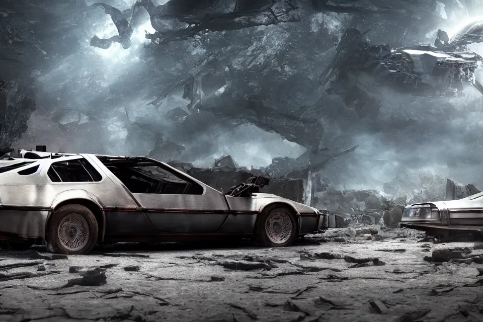 Image similar to delorean dmc 5 next to ancient space ship wreck horror, dark cinematic, volumetric, realistic, 3 d render, realistic render, cinematic lighting, volumetric lighting, atmospheric, cinematic, unreal engine, unreal engine render, octane render, hd, photorealism, hyper realistic, photo, 8 k