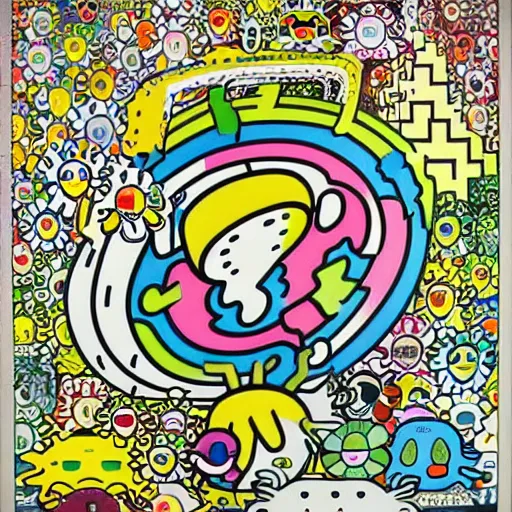 Image similar to things hidden inside my head by takashi murakami and keith haring, empty green canvas, superflat, pop culture, colorful, hyper detailed