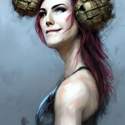 Image similar to doomguy as an attractive young smiling woman wearing a mushroom crown and heavy armoured wedding dress, face portrait, hd shot, digital portrait, beautiful, fantasy art, artstation, comic style, by artgerm, guy denning, jakub rozalski, magali villeneuve and charlie bowater