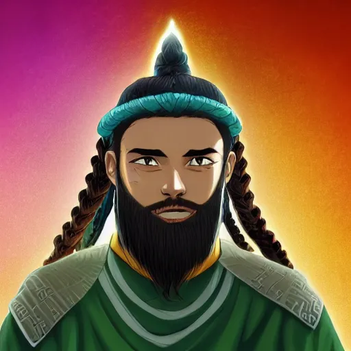 Prompt: highly detailed close up portrait of an earthbender king, long braids, short beard, green clothes, in the style of the last airbender, cinematic lightning, bright colors, intricate, masterpiece, photorealistic, hiperrealistic, sharp focus, high contrast, artstation hq, deviantart trending, 8 k uhd, unreal engine 5, unity engine, post production