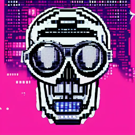 Image similar to a skull face with goggles in a cyberpunk aesthetic with the word pixel written above