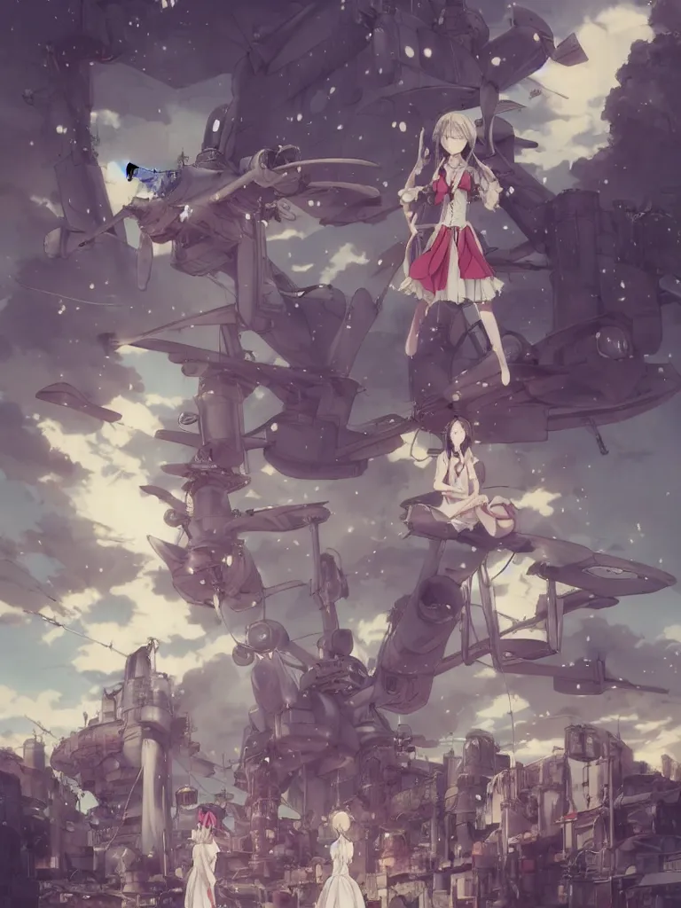 Image similar to Epic scene of a beautiful anime girl, Alice in Wonderland style, standing in front of a cyborg repair shop, while a futuristic military helicopter flies overhead, by Greg Rutkowski and Krenz Cushart and Pan_Ren_Wei and Hongkun_st and Bo Chen and Enze Fu and WLOP and Alex Chow, Madhouse Inc., anime style, crepuscular rays, Alice in Wonderland with a futuristic cyberpunk Tokyo street theme, dapped light, dark fantasy, cgsociety, trending on artstation