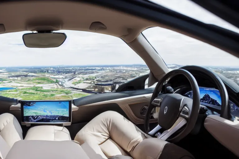 Image similar to a high-detailed picture from the inside of a driving autonomous car without people driving in a city, 8k, photo-realistic, published in a scientific journal