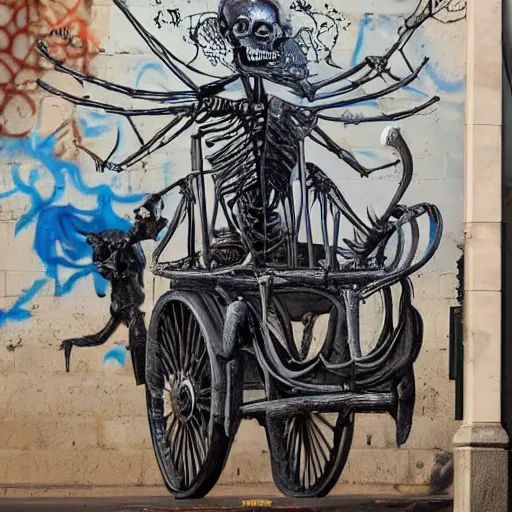 Prompt: The body art features a human figure driving a chariot. The figure is skeletal and frail, with a large head and eyes. The chariot is pulled by two animals, which are also skeletal and frail. street art by Austin Briggs, by Chris Uminga mood