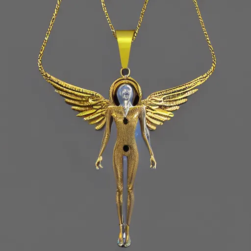 Image similar to 3 d silver and gold 2 tone necklace, on box chain, pendant is androgynous anatomical angel with 6 wings covered in eyes in a flying pose with 5 fingered hands on each side in a pose, casted in both silver and gold, high quality render, jewelry photography, octane render, studio lighting, ray traced