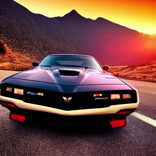 Image similar to black pontiac firebird trans - am driving towards the camera, mountain, valley, sunrise, cinematic, motionblur, sunbeams, volumetric lighting, wide shot, low angle, artstation