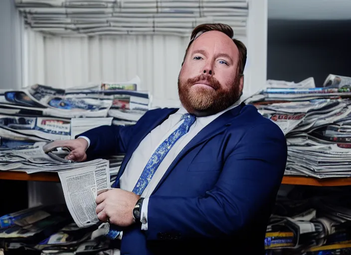 Image similar to dslr photo still of infowars host alex jones in a blue suit fat beard and mustache sitting depressed in a room filled to the ceiling with newspapers, 5 2 mm f 5. 6