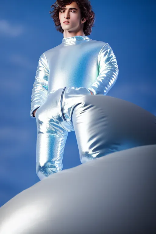 Image similar to un ultra high definition studio quality photographic art portrait of a young man standing on the rooftop of a british apartment building wearing soft baggy inflatable padded silver iridescent pearlescent clothing. three point light. extremely detailed. golden ratio, ray tracing, volumetric light, shallow depth of field. set dressed.