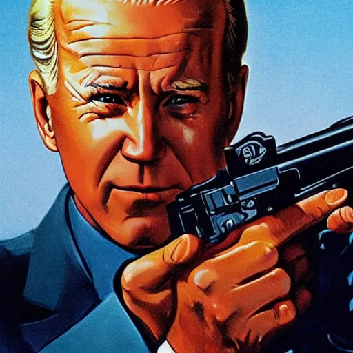 Prompt: propaganda poster of joe biden pointing gun directly at camera in james bond movie, closeup of gun, visible barrel and grip by j. c. leyendecker, bosch, lisa frank, jon mcnaughton, and beksinski