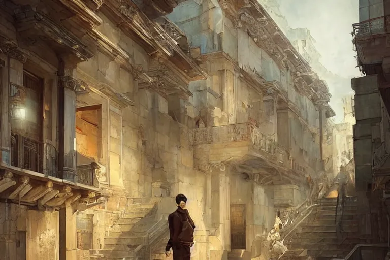 Image similar to handsome korean man looking at ancient renaissance athens street with intricate details, serene, face anatomy, by wlop, peter mohrbacher, jakub rebelka, visually stunning, beautiful, masterpiece