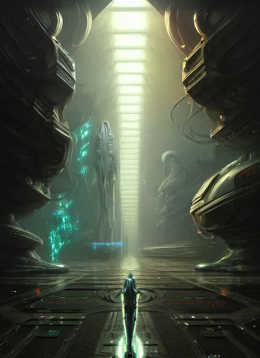 Image similar to wide angle shot of alien corridor cybertronic in a scenic dystopian environment, intricate, elegant, highly detailed, centered, digital painting, artstation, concept art, smooth, sharp focus, illustration, artgerm, tomasz alen kopera, peter mohrbacher, donato giancola, joseph christian leyendecker, wlop, boris vallejo