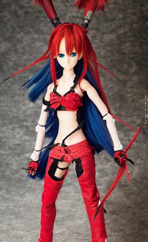 Prompt: dollfie in samurai suit, red hair, blue eyes,