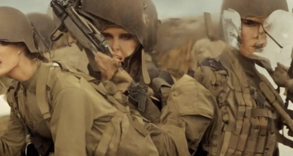 Image similar to cinematic shot of angelina jolie in a beautiful female body armor during d - day, movie still