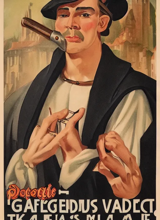 Image similar to portrait of glamorous medieval man with annoyed gesture, 1940s propaganda poster, full hd,highly detailed