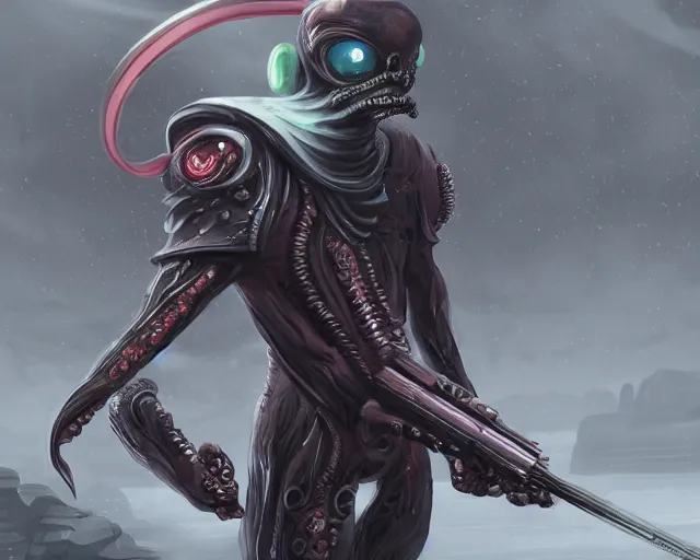 Prompt: alien octopus with 3 eyes dressed like a samurai holding a laser rifle, photorrealistic concept art, digital art, cyberpunk