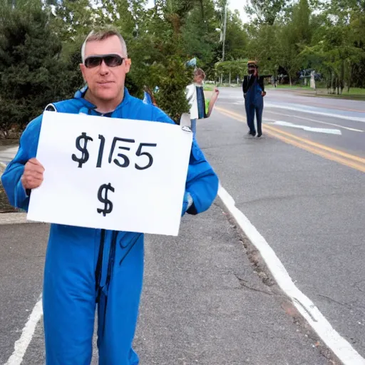 Prompt: an astronaut on the street holding a sign that says $15