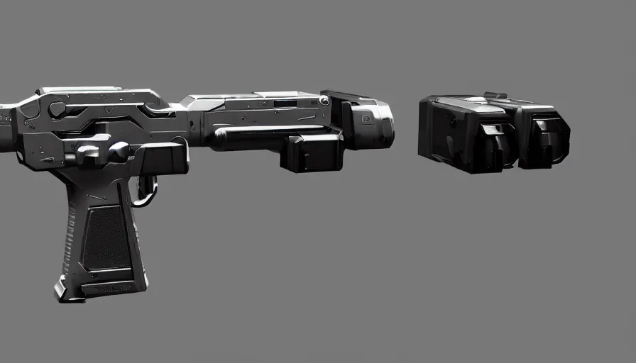 Image similar to extremely detailed ultra realistic side view photograph sci fi minimalist magnum pistol coilgun, detailed trigger, chemically propelled, battery, smooth streamline, battery and wires, railgun, chemrail, gauss, elegant sleek smooth body, white paint, smooth utopian design, ultra high quality, octane, cod, destiny, warframe, terminator