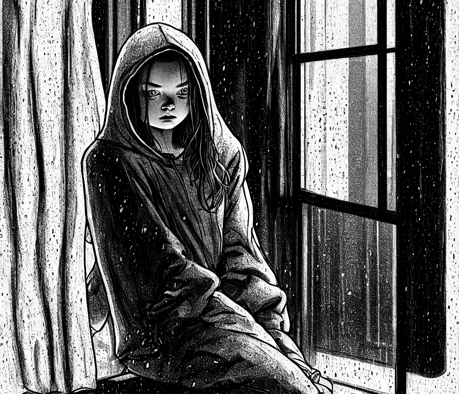 Prompt: sadie sink in hoodie sits on windowsill, knees tucked in as rain falls at night : b & w storyboard drawing, scifi cyberpunk. by joe alves, gabriel hardman, chris bonura. cinematic atmosphere, detailed and intricate, perfect anatomy