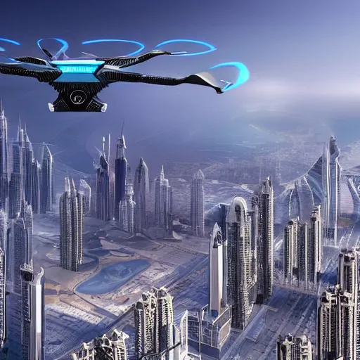 Image similar to futuristic skyline of dubai in the year 2 0 5 0 inspired by cyberpunk with flying spider drones