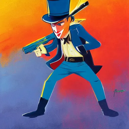 Prompt: superhero with tophat and a rifle in blue and yellow clothes, by anato finnstark, by alena aenami, by john harris, by ross tran, by wlop, by andreas rocha