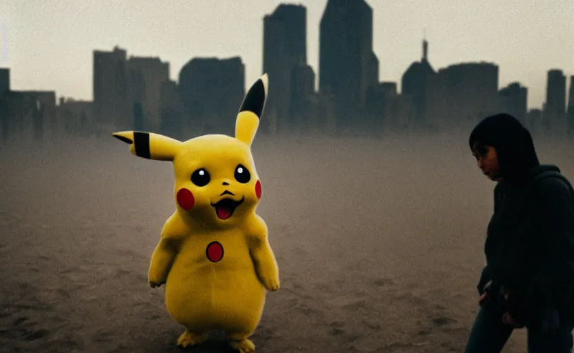 Image similar to cinestill 5 0 d candid photographic portrait by helen levitt of pikachu on a desolate plain, extreme closeup, modern cyberpunk moody emotional cinematic, dust storm, 8 k, hd, high resolution, 3 5 mm, f / 3 2, ultra realistic faces, ex machina