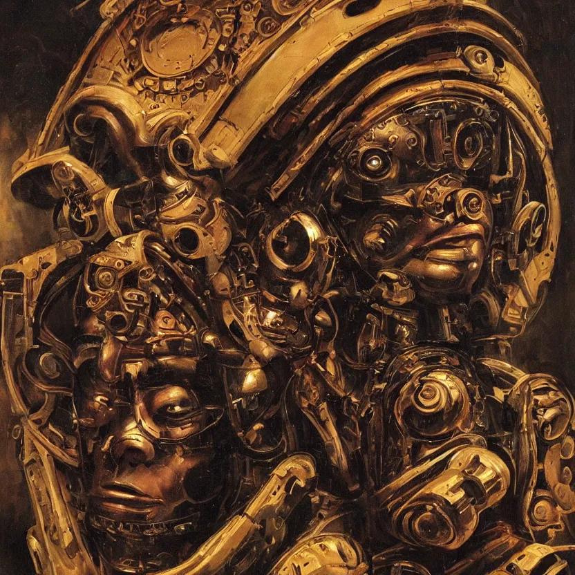 Image similar to a baroque portrait painting of a robot wearing an intense tribal mask. pulp sci - fi art for omni magazine. glowing fantasy fairies. high contrast. dark background. baroque period, oil on canvas. renaissance masterpiece. muted colors, soft gradients. trending on artstation. retrofuturism.