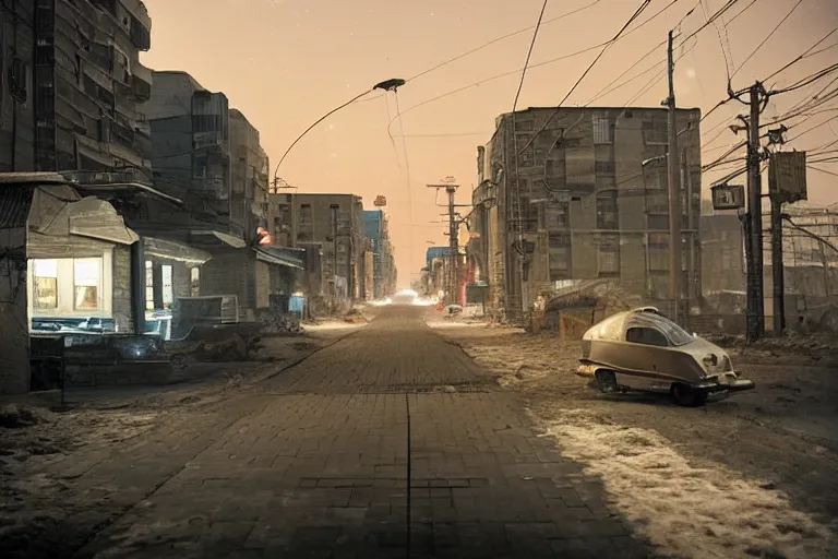 Image similar to an emty street of a futuristic city on the Moon called Noviy Norilsk, with a flying car at night with only by one street light, photo by Gregory Crewdson,