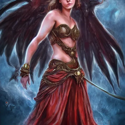 Prompt: emma watson as the goddess of hell, hot, hyper detailed, illustration, hyper realistic, blood, fire, dramatic lighting, cinematic, hell, full body portrait by steve henderson