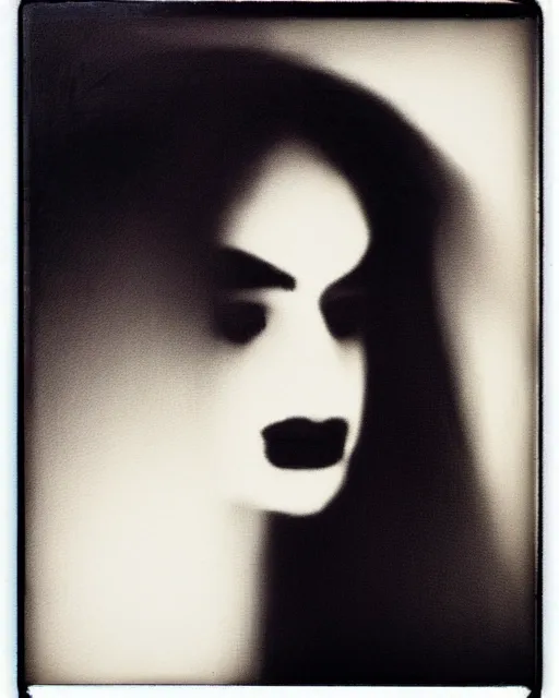 Image similar to photorealism, polaroid, black and white, woman's silhouette, black veil, impressionism