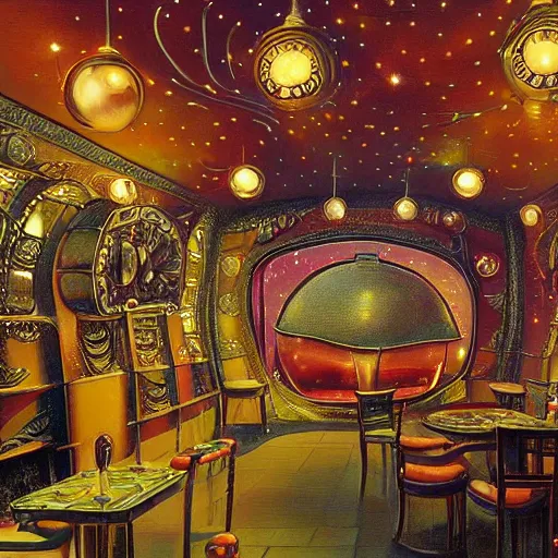 Prompt: painting of artlilery spaceship with ornate metal work lands in country tavern, filigree ornaments, volumetric lights, norm rockwell, micheal whelan